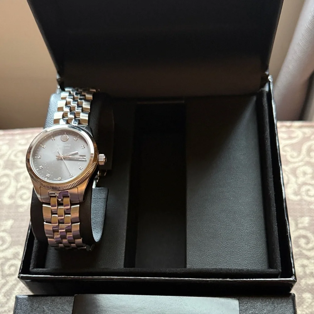 Movado Silver and Black Bracelet Watch - Picture 1 of 6